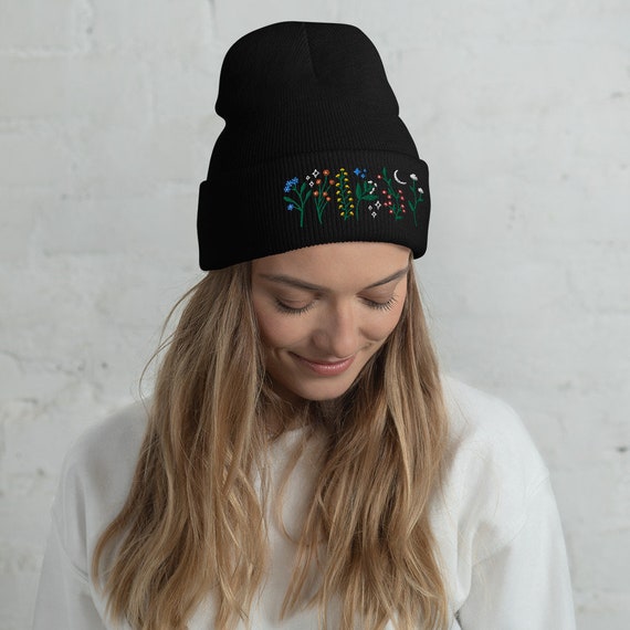 Wild Flowers Embroidered Beanie, Boho Floral Beanie Hat, Crescent