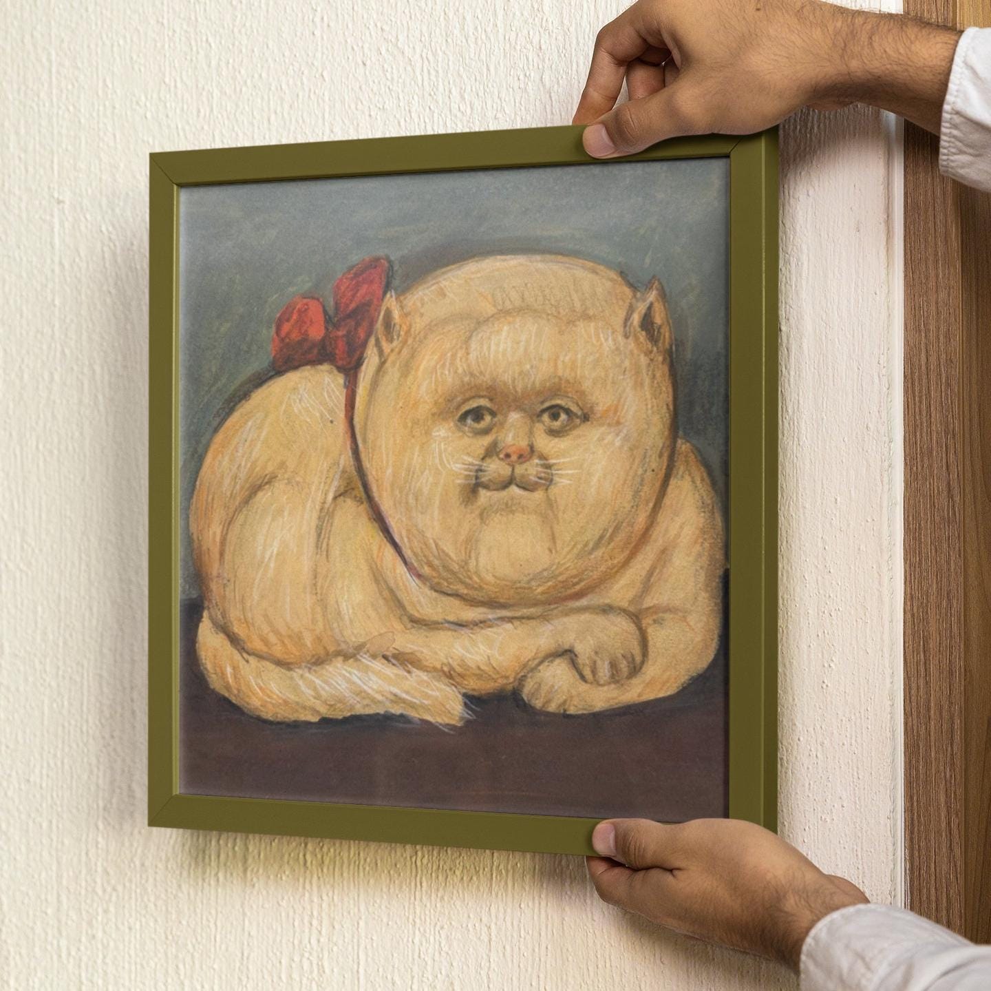 Ugly Human Looking Cat Poster, Fat Chonk with the Bow Pastel Drawing Weird Feline Wall Art, Square Print for Gag Lover, Quirky Bizarre Gift