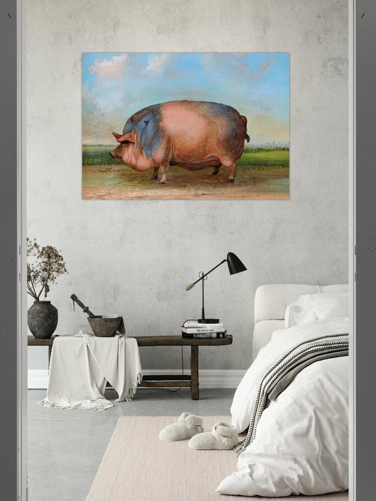 賞品 豚 19世紀 フォークアート 油絵 複製画、豚の屋外風景画 フレーム