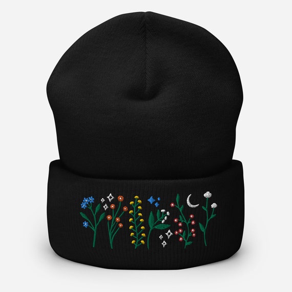 Wild Flowers Embroidered Beanie, Boho Floral Beanie Hat, Crescent
