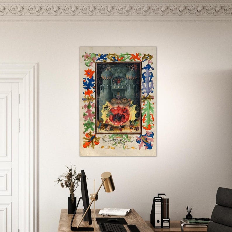 May include: A rectangular wall art print featuring a medieval-style illustration of a dark castle structure emerging from a large, red, open-mouthed creature, surrounded by a vibrant, colourful floral and vine border on a cream-coloured background.