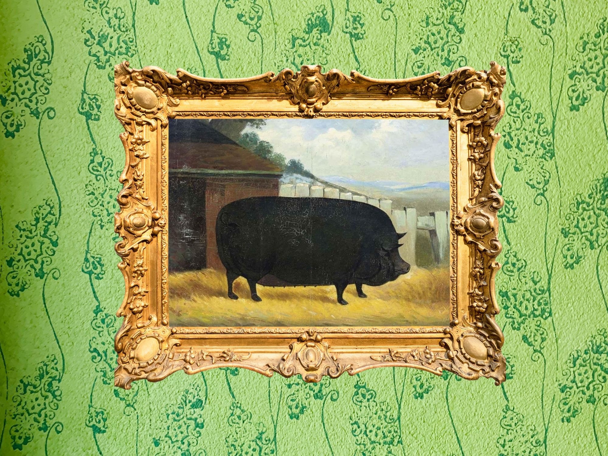 A 19th Century English Watercolor of Prize Hog with Proud Gentleman A 19th Century English Watercolor of Prize Hog with Proud Gentleman