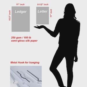 May include: An informational graphic titled BIG OR SMALL? showing two paper sizes: Ledger at 11 by 16.5 inches and Letter at 8.5 by 11 inches. It specifies 250 gsm / 100 lb semi-gloss silk paper and displays a metal hook for hanging with a ruler.