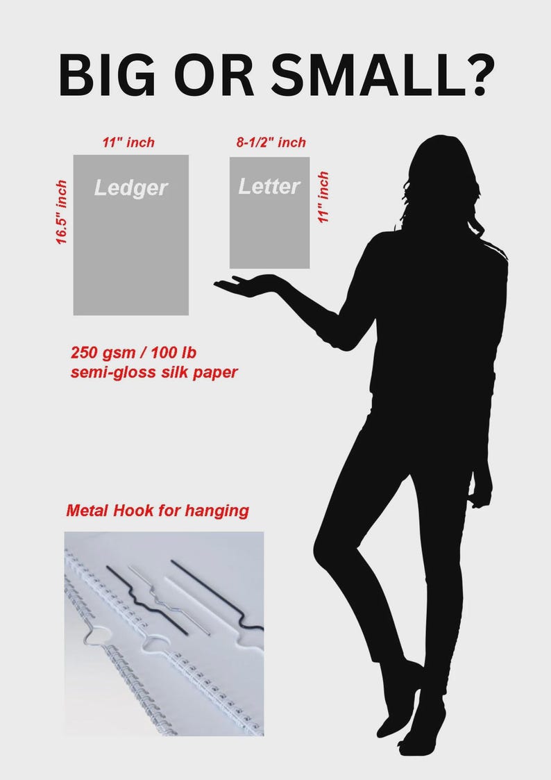 May include: An informational graphic titled BIG OR SMALL? showing two paper sizes: Ledger at 11 by 16.5 inches and Letter at 8.5 by 11 inches. It specifies 250 gsm / 100 lb semi-gloss silk paper and displays a metal hook for hanging with a ruler.