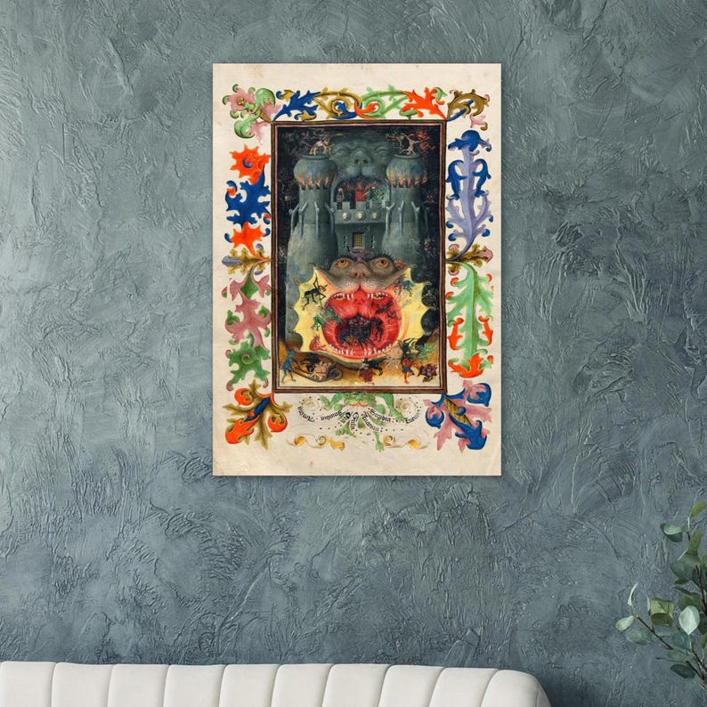 May include: A rectangular print featuring a medieval-style illustration of a castle with a large, open-mouthed creature at its base. The central scene is surrounded by a colourful, ornate border of swirling floral and leaf motifs in red, blue, and green.