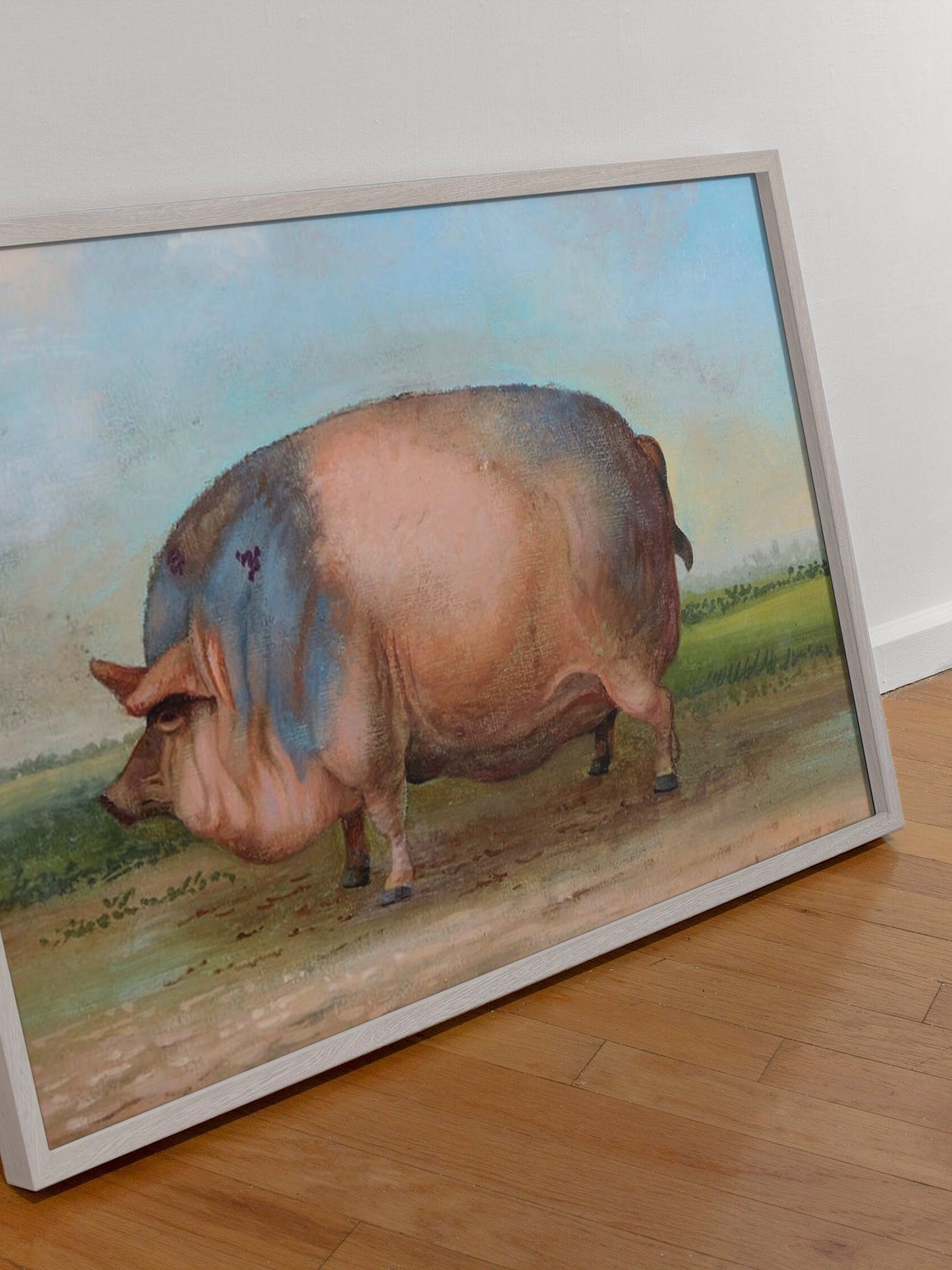 賞品 豚 19世紀 フォークアート 油絵 複製画、豚の屋外風景画 フレーム