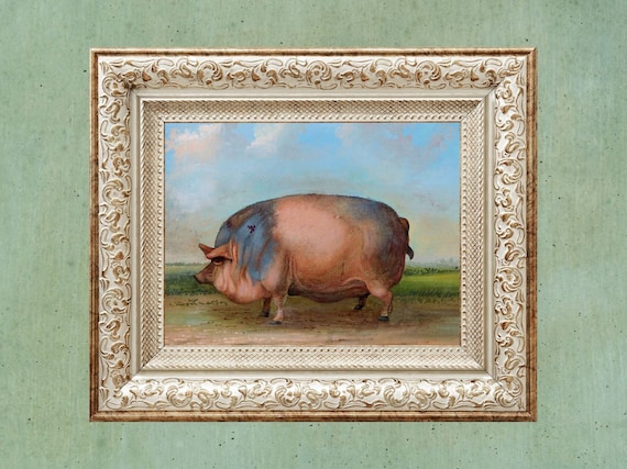 賞品 豚 19世紀 フォークアート 油絵 複製画、豚の屋外風景画 フレーム