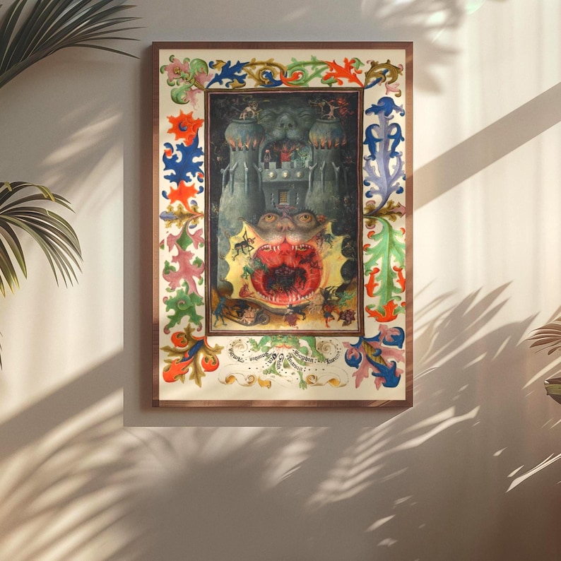 May include: A rectangular framed art print featuring a central dark illustration of a castle and a large creature with an open mouth, surrounded by a vibrant, colourful border of ornate floral and leaf motifs in red, blue, green, and yellow hues.
