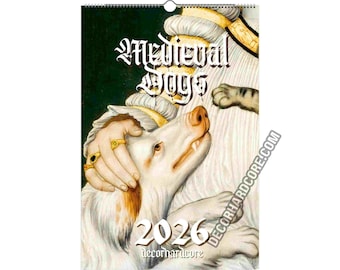 Calendario de pared de perros medievales 2026 con gancho, manuscrito marginalia, pinturas de la Edad Media y el Renacimiento temprano, planificador mensual divertido