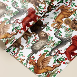May include: White wrapping paper featuring a repeating pattern of fantastical creatures in shades of brown, red, and gray. The design includes illustrations of winged animals, monkeys, and dinosaurs, interspersed with green sprigs and red berries.
