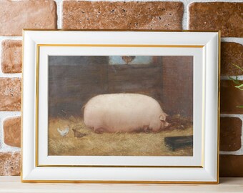 賞品の豚 19世紀フォークアート油絵複製画、納屋にいる白いぽっちゃり