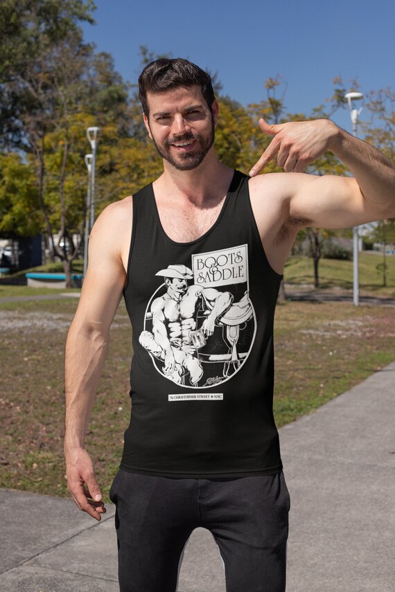 Boots & Saddle Gay Cowboy Tank Top, Retro Queer Rodeo Tee, Vintage