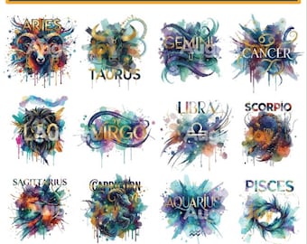 Zodiac PNG Bundle, 12 Astrology Clipart Designs for Sublimation and Printing