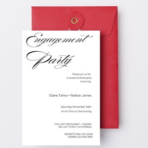 Puede incluir: Una invitación de fiesta de compromiso blanca con texto en caligrafía negra. La invitación dice "Engagement Party" e incluye los nombres Elaine Tahira y Nathan James, la fecha y la hora de la fiesta, y la ubicación. La invitación también incluye el texto "Regrets only by 10/18" y un número de teléfono.