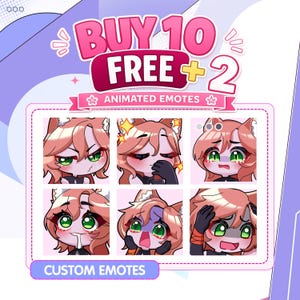 Könnte beinhalten: Werbegrafik mit dem Text "KAUFEN 10 GRATIS + 2" in Rosa. Darunter werden sechs animierte Emotes eines Zeichentrickcharakters mit orangefarbenem Haar und grünen Augen angezeigt. Die Wörter "ANIMIERTE EMOTES" und "BENUTZERDEFINIERTE EMOTES" sind ebenfalls vorhanden.