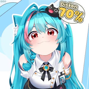 May include: An anime-style illustration of a character with long teal hair, red eyes, and cat ears. The character wears a white collared shirt with a black bow and a small black cat accessory on their head. Text reads Diskon 70%.