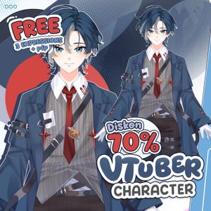 May include: Digital illustration of a male anime-style character with blue and white hair, wearing a navy blue coat, red tie, and grey waistcoat. The image includes text that says "FREE 3 EXPRESSIONS + pfp" and "Diskon 70% VTUBER CHARACTER."