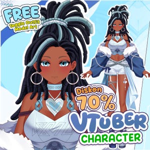 Könnte beinhalten: Eine digitale Illustration einer Figur mit dunkler Haut und langen schwarzen Dreadlocks mit hellblauen Highlights. Die Figur trägt ein weißes bauchfreies Oberteil, eine blaue Jacke mit Pelzbesatz, weiße Shorts und eine silberne Herz-Halskette. Text: FREE Toggle Outfit Model Art und Diskon 70% VTUBER CHARACTER.