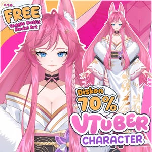 Op de afbeelding: Een digitale illustratie van een personage met lang roze haar, blauwe ogen en vossenoren, gekleed in een wit en goudkleurig outfit in kimono-stijl met zwarte accenten. De afbeelding bevat de tekst FREE Toggle Outfit Model Art en Diskon 70% VTuber CHARACTER.