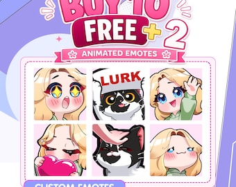 Puede incluir: Un gráfico promocional con el texto "BUY 10 FREE + 2" en rosa y blanco. Debajo, seis emotes personalizados animados con personajes de estilo anime y un gato blanco y negro. También está presente el texto "ANIMATED EMOTES" y "CUSTOM EMOTES".