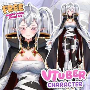 Könnte beinhalten: Digitale Illustration einer VTuber-Figur mit langem weißem Haar in Zöpfen, spitzen Ohren und rosa Augen. Die Figur trägt einen schwarzen Umhang mit Goldbesatz, roten Akzenten und weißen Bandagen um Torso und Beine. Text: FREE Toggle Outfit Model Art und VTUBER CHARACTER.