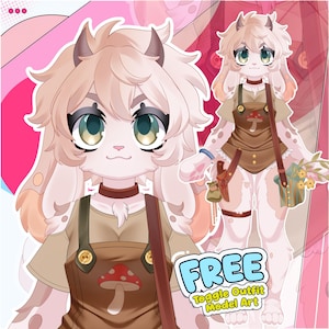 May include: A digital illustration of a light-colored, anthropomorphic creature with horns, large eyes, and long ears. The character wears a brown overall dress with a mushroom graphic, a brown choker, and carries a bag with flowers. Text reads FREE Toggle Outfit Model Art.