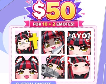 May include: A digital graphic featuring six custom emotes of a character with black and red striped hair. The emotes show various expressions and items, including a yellow cross, a knife, the text AYO?, a gun, and a tongue-out expression.