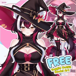 May include: Digital character illustration featuring a figure in a black and magenta witch outfit with a wide-brimmed hat, animal ears, and long dark hair with white highlights. The text reads FREE Toggle Outfit Model Art in blue and yellow.