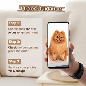 K&ouml;nnte beinhalten: Bild zeigt ein Smartphone mit einem Zwergspitz-Hund. Das Bild enth&auml;lt auch Anweisungen: "Order Guidance", "W&auml;hlen Sie die Gr&ouml;&szlig;e und das Zubeh&ouml;r, das Sie m&ouml;chten", "&Uuml;berpr&uuml;fen Sie den Inhalt und geben Sie die Bestellung auf" und "Senden Sie uns Ihre Fotos per Nachricht".