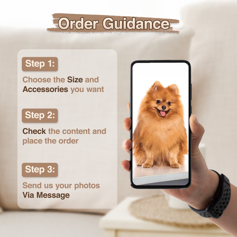 K&ouml;nnte beinhalten: Bild zeigt ein Smartphone mit einem Zwergspitz-Hund. Das Bild enth&auml;lt auch Anweisungen: "Order Guidance", "W&auml;hlen Sie die Gr&ouml;&szlig;e und das Zubeh&ouml;r, das Sie m&ouml;chten", "&Uuml;berpr&uuml;fen Sie den Inhalt und geben Sie die Bestellung auf" und "Senden Sie uns Ihre Fotos per Nachricht".