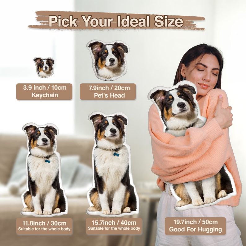 K&ouml;nnte beinhalten: Das Bild zeigt Hundekissen in verschiedenen Gr&ouml;&szlig;en, von einem Schl&uuml;sselanh&auml;nger (10 cm) bis zu einer gro&szlig;en Kuschelgr&ouml;&szlig;e (50 cm). Die Kissen zeigen einen realistischen Hund mit schwarzem, braunem und wei&szlig;em Fell. Text: 'Pick Your Ideal Size'.