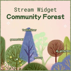 May include: A digital stream widget graphic titled Stream Widget Community Forest featuring a stylised illustration of various trees in shades of green, blue, and brown. The text labels TwitchUser, gamer0145, mrGuy, and dj_girly2902 appear above trees.