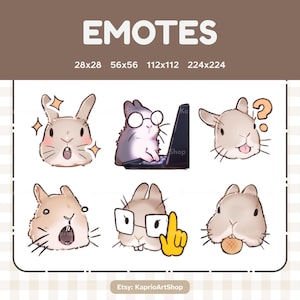 Könnte beinhalten: Ein digitales Sticker-Set mit dem Titel EMOTES, das sechs Illustrationen eines hellbraunen Kaninchens mit verschiedenen Ausdrücken zeigt. Das Kaninchen ist überrascht, am Laptop, verwirrt, gähnend, mit Brille zeigend und einen runden Snack essend dargestellt.