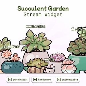 Puede incluir: Ilustración de un widget de transmisión de jardín de suculentas. La imagen presenta varias suculentas en macetas de diferentes colores y formas. El texto incluye "Succulent Garden Stream Widget", "quick install", "handdrawn" y "customizable".