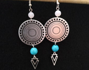 Boho Turquoise & Agate Dangle Earrings: Silver Plated Ethnic Style Clip-on option