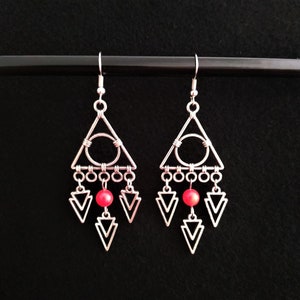 Red Coral Tribal Dangle Silver  Earrings, Handmade Long Boho Ethnic Style Earrings, Gemstone Beaded Earrings, Large Women Statement Earrings