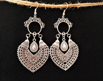 Large Boho Style Earrings, Silver Plated Ethnic Earrings, Statement Dangle Earrings African Big Earrings, Womens Earrings