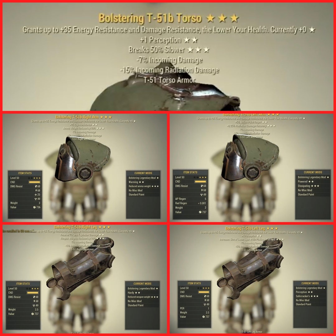 Fallout 76 Bolstering T51b Power Armor Full Set L50 Xbox One and