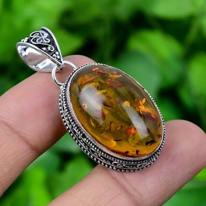 Amber Pendant Baltic Amber 925 Sterling Silver Vintage Style Pendant Baltic Amber Gemstone handmade Oval Pendant For Loving Gift
