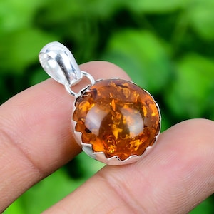 Amber Pendant Baltic Amber 925 Sterling Silver  Pendant Tiny Circle Honey Amber Gemstone handmade Round Pendant Gift For Her