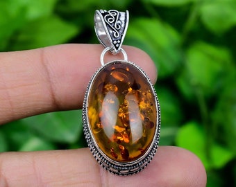 Amber Pendant Baltic Amber 925 Sterling Silver Vintage Style Pendant Baltic Amber Gemstone handmade Oval Pendant For Loving Gift