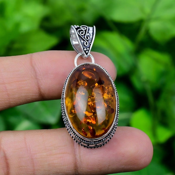 Amber Pendant Baltic Amber 925 Sterling Silver Vintage Style Pendant Baltic Amber Gemstone handmade Oval Pendant For Loving Gift