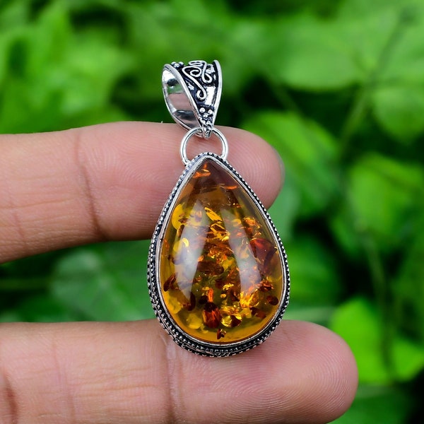 Amber Pendant Baltic Amber 925 Sterling Silver Vintage Style Pendant Baltic Amber Gemstone handmade Teardrop Pendant Unique Lovely Gift