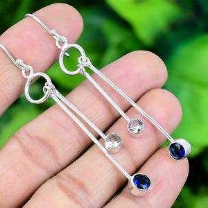Blue Sapphire Earring White Topaz 925 Sterling Silver Blue Round Cut Gemstone Earring Dangle Drop For Women Handmade Earring For Gift EJS947