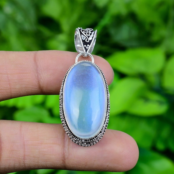 Milky Fire Opal Pendant 925 Sterling Silver Pendant Blue Fire Milky Opal Oval Pendant Handmade Silver Jewelry Vintage Style Pendant Gift Her