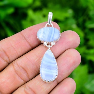 Blue Lace Agate Pendant 925 Sterling Silver Pendant Blue Lace Agate Genuine Gemstone Pendant Handmade Silver Jewelry For Gift 2.4&quot; PJS255