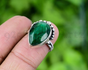 Emerald Ring, 925 Sterling Silver Green Cut Gemstone Jewelry, Handmade Filigree Art Ring, Gift for Her