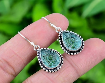 Carved Aquamarine Earring 925 Sterling Silver Earring Aquamarine Gemstone Earring Handmade Silver Jewelry Earring Gift For Her EJS689