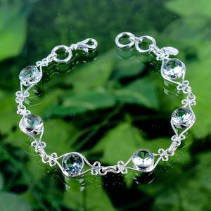 Aquamarine Bracelet 925 Sterling Silver Aqua Blue Round Cut Gemstone Bracelet Handmade Silver Jewelry Bracelet Gift For Her SLGRB84
