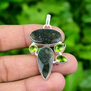 Moss Agate Peridot Pendant: Handmade Sterling Silver Gemstone Jewelry